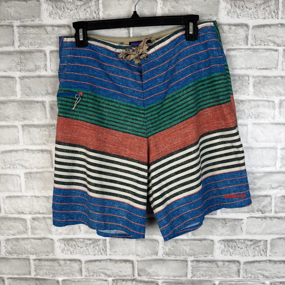 Patagonia Mens Scallop Hem Wavefarer Board Shorts Striped Blue Orange 32 x9'
